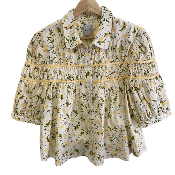 Maeve Anthropologie Shirred Leandra Daisy Floral Women's Top - White and Yellow - Picture 6 of 9